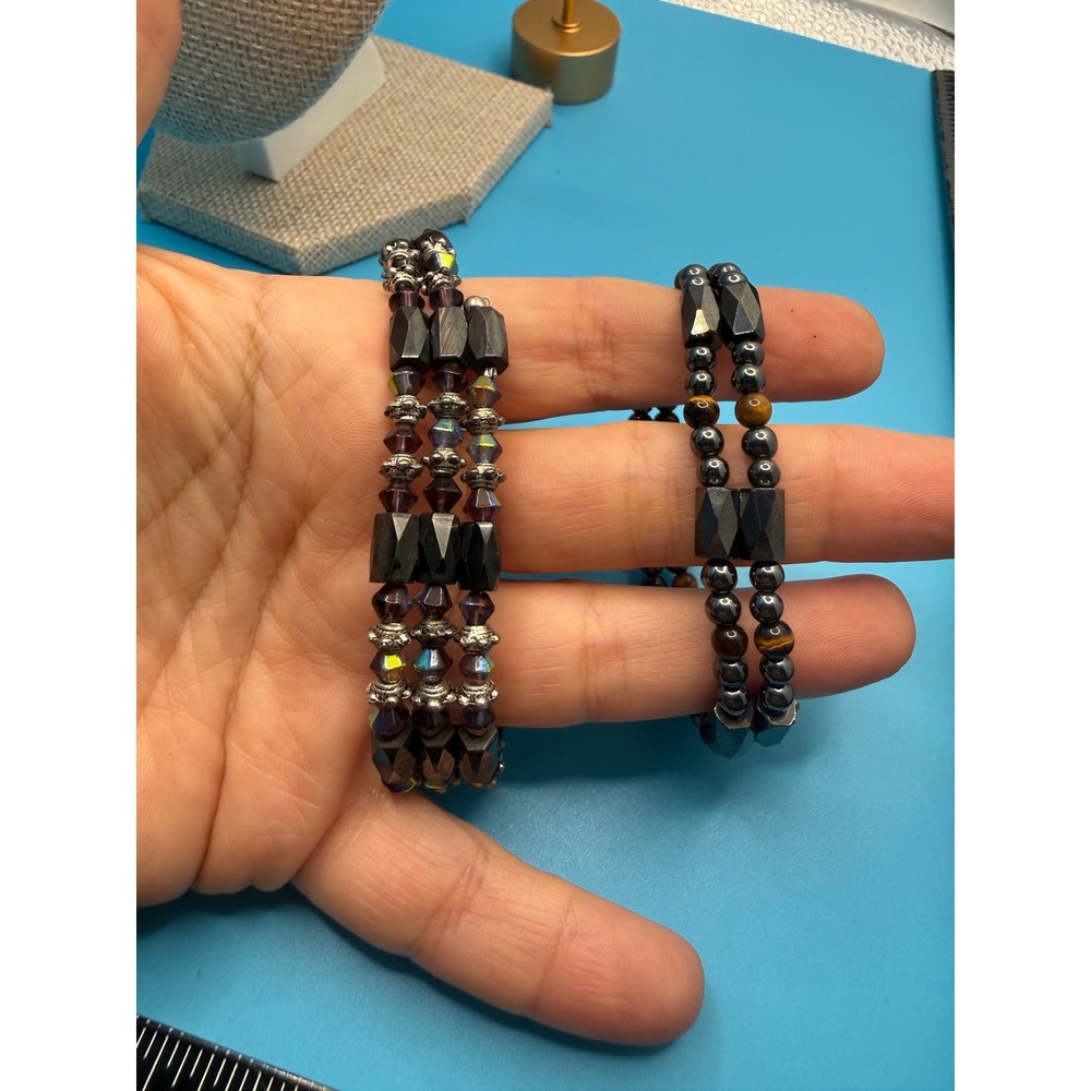 Magnetic Hematite Wrap Bracelet Set‎ Purple Crystal Tiger's Eye Beaded 2pc